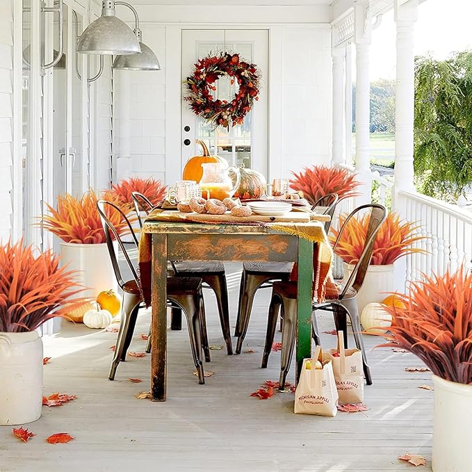 8 pcs Fall Artificial Flowers for Decoration, Fake Artificial Tall Grass Plants for Outdoors, Orange Faux Tropical Greenery Autumn Front Porch Patio Garden Outside Plastic Shrubs Bushes