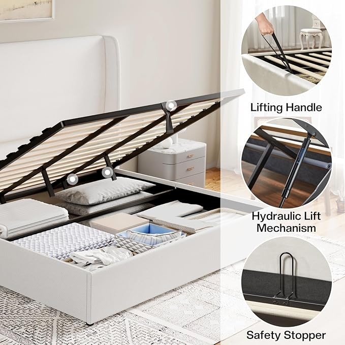 Jocisland King Size Bed Frame with Storage - Upholstered Lift Platform Bed, Wingback Headboard, Hydraulic System, No Box Spring Needed, Wood Slats Support, White