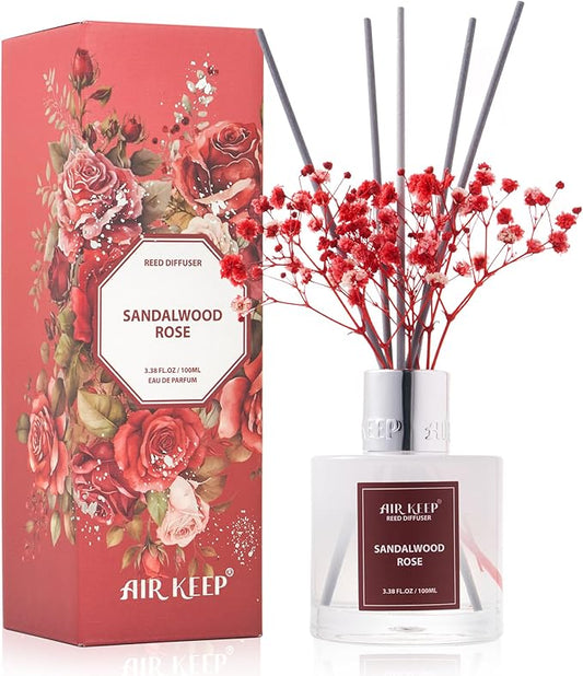 Airkeep Reed Diffuser Set,3.38 fl oz (100 ml) - Sandalwood Rose Oil Diffusers with 8 Reed Sticks,Home Fragrance Reed Diffuser for Bathroom Shelf Decor