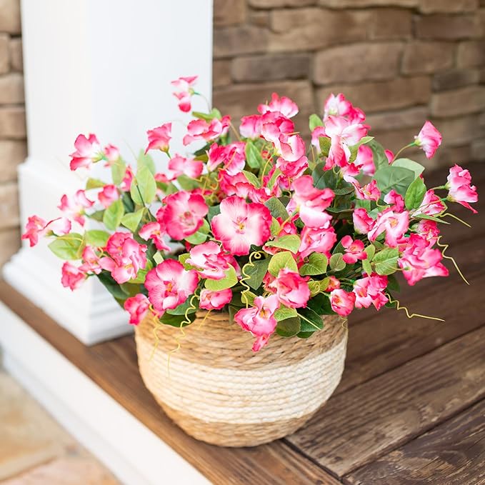 Fake Hibiscus Artificial Flowers for Outdoors Spring Summer Decoration, 6 Bundles Silk Pink Hibiscus Flowers Bouquet UV Resistant Look Real Faux Plants for Outside Planter Front Door Porch Balcony