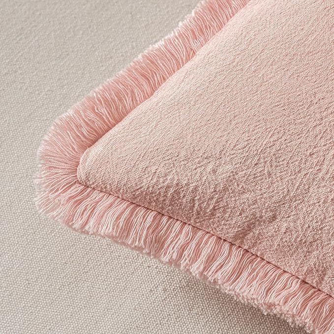 MIULEE Decorative Throw Pillow Covers Neutral Linen Fringe Throw Pillows Set of 2 Pink Boho Farmhouse Cushion Covers with Tassels for Couch Sofa Bed Living Room Spring Home Decor 20x20 Inch