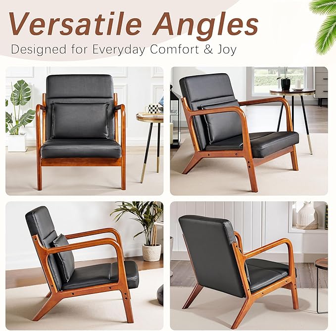 VECELO Mid-Century Modern Accent Chair with Faux Leather Cushion & Solid Wood Frame, Lounge Armchair for Living Room, Bedroom, Office, Black