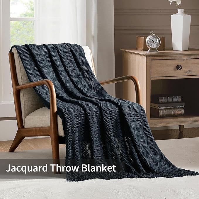 BOURINA Navy Throw Blanket 50x60 Inches Throw Textured Solid Soft Ripple Throws and Blankets for Sofa or Bed Knitted Decorative Blanket