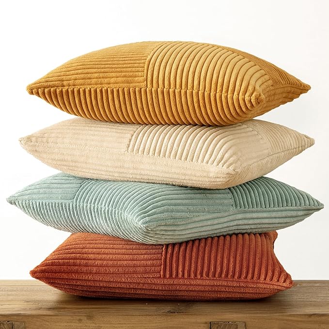 MIULEE Teal-Orange Decorative Throw Pillow Covers 20x20 Inch Set of 4 Boho Corduroy Striped Cushion Cases Modern Farmhouse Patchwork Pillow Cases for Couch Sofa Bedroom Fall Home Decor