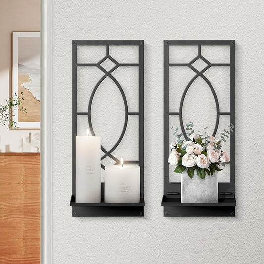 Candle Wall Sconces Set of 2, Black Metal Minimalism Wall Candle Holder for Living Room, Dining Room, Bedroom, Bathroom (2 Pack, 16.5 x 7 in)