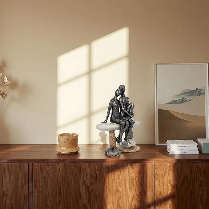 Romantic Couple Figurines Sculpture – Abstract Couple Sculpture on Stone Bench, Modern Home Decor Statue, Unique for Couple