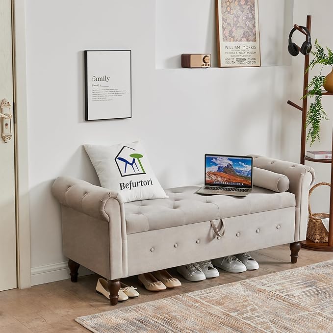 Modern Upholstered Storage Ottoman Bench, Velvet 63-inch Storage Bench with Rolled Arms for Bedroom End of Bed, Button-Tufted Ottoman with Storage for Living Room, Entryway, Gray
