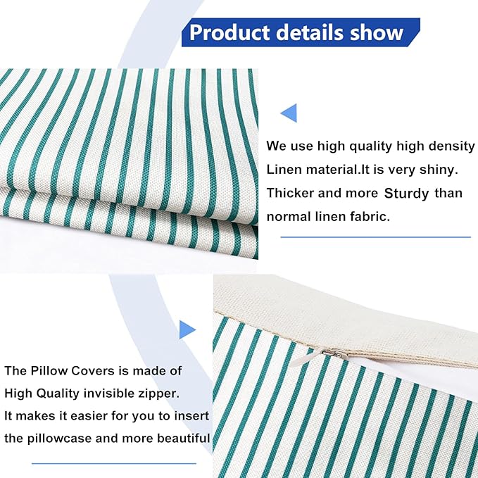 Decorative Throw Pillow Covers Set of 2 Teal Blue Striped Pillow Covers 18x18 Inch Throw Pillow Cover Linen Pillowcase Modern Farmhouse Outdoor Pillow Covers for Couch Sofa Bed Living Room