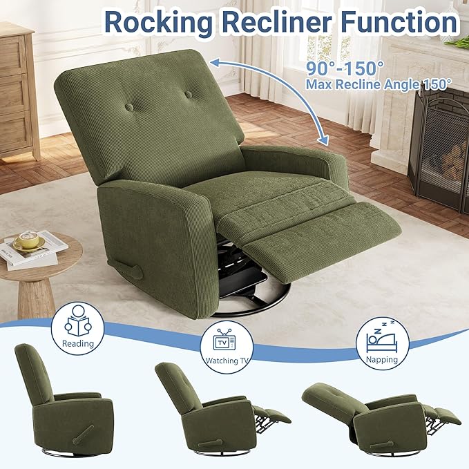 Recliner Chairs, Swivel Rocker Recline, Glider Recliner Nursery Chair for Adults, 360° Swivel Glider Rocking Chair for Living Room, Bedroom, Office, RV, Small Spaces, Corduroy, Green