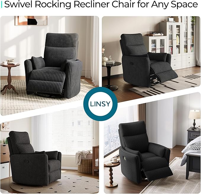 LINSY 360 Swivel Recliner Chair - Corduroy Nursery Glider Rocking Chair with 2 Pillows, Comfy High Back Adult Recliner for Small Spaces, Nursery Bedroom Living Room Reclining (Black)