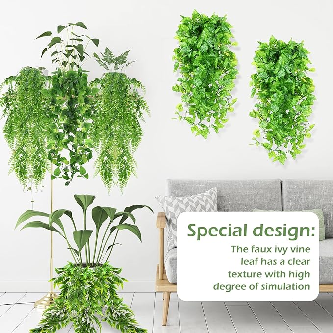 Hoteam 12 Pcs Artificial Hanging Plants 32 Inch Fake Ivy Vines with Fake Leaves Patio Artificial Plants Greenery for Living Room Indoor Outdoor Wall, No Basket (6 Style Mixed)