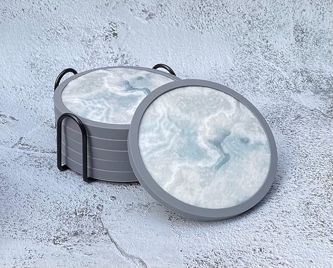 Absorbent Coasters for Drinks with Holder - 6packs, Silicone Coaster with Soft Felt Insert (4.3 inch Coasters with 4.5 inch Holder, Marble Style)