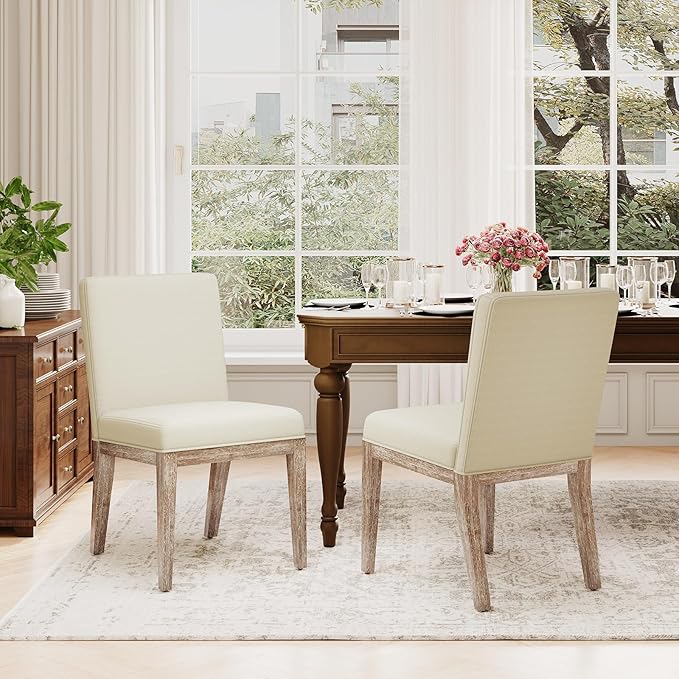 Wooden Dining Chairs Set of 2, Modern Fabric Upholstered Dining Room Chair, Kitchen Side Chairs, Farmhouse Dinner Chair with High Back for Kitchen, Beige