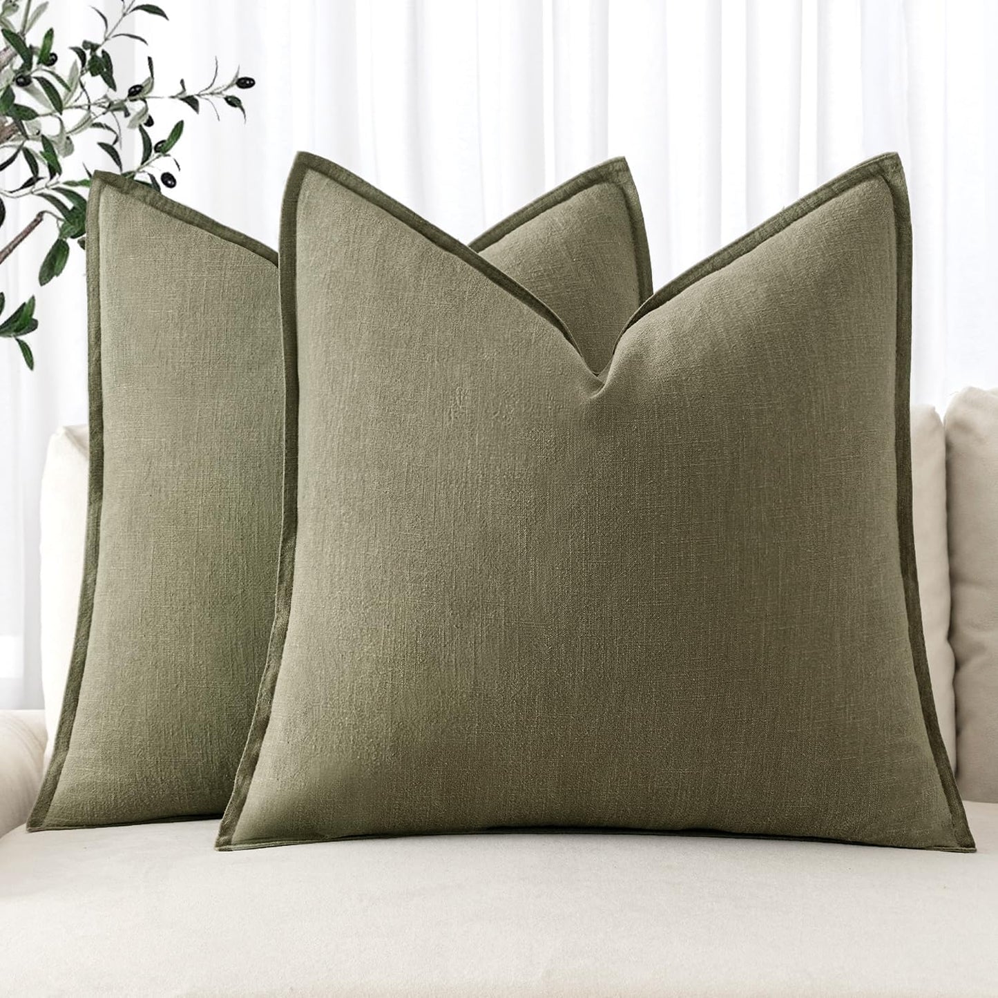 MIULEE Decorative Linen Pillow Covers 16x16 Inch Light Olive Green Boho Farmhouse Neutral Couch Throw Pillows for Bed Pack of 2 Accent Modern Pillowcase Summer Sofa Livingroom Home Decor