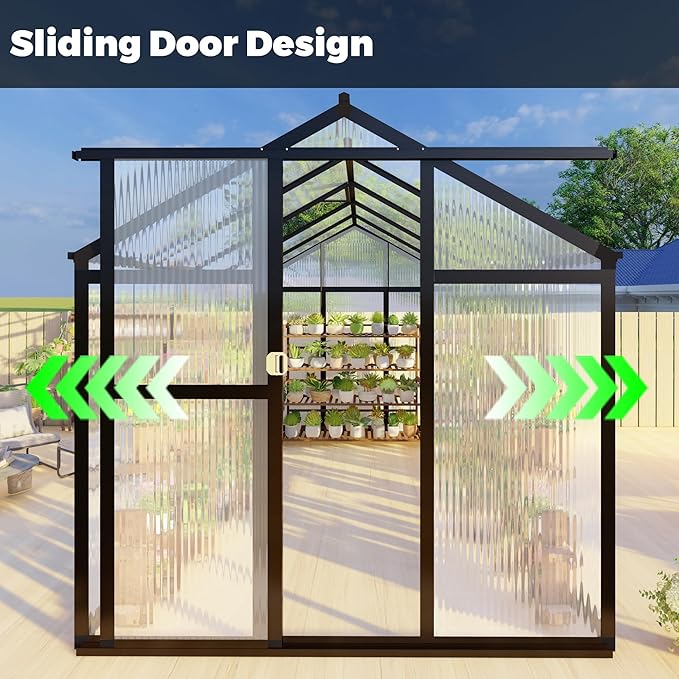 6 x 8 FT Aluminum Greenhouse for Outdoors, Polycarbonate Walk-in Greenhouse with Quick Setup Structure and Adjustable Roof Vent, Dark Gray