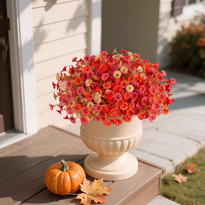 Fall Artificial Flowers for Decoration, 12 Bundles Fake Autumn Flower Plants Petunias, Faux Silk Morning Glory Eucalyptus for Planter Garden Porch Front Door Window Box, Red Orange