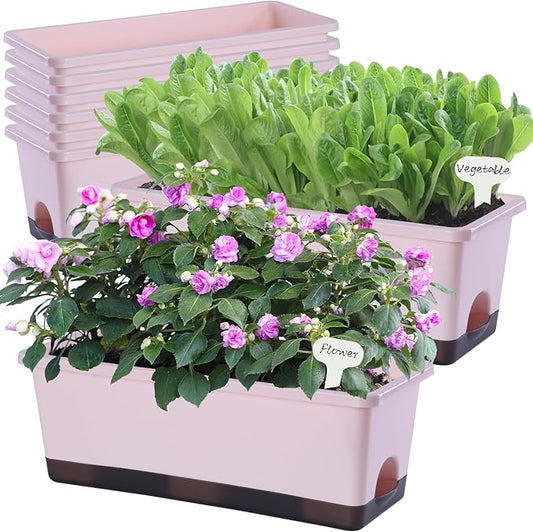Window Box Planter 8 Pcs, 17 Inches Rectangle Flower Pots with Drainage Holes and Trays, Vegetable Planters for Windowsill Patio Garden Balcony Home Porch Yard Indoor Outdoor (Pink)