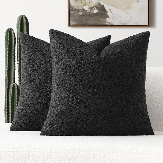 FUTEI Pack of 2 Black Decorative Throw Pillow Covers 22x22 Inch Soft Cozy Solid Boucle Textured Cushion Case,Modern Home Decor for Couch Bed Living Room