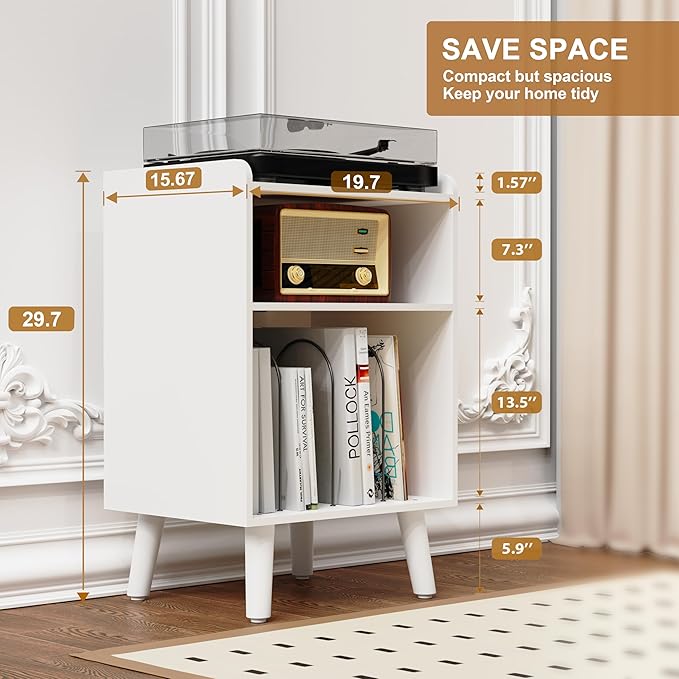 Record Player Stand, Turntable Stand with Record Storage and Charging Station & USB Ports, Record Player Table with Metal Divider, Record Stand Up to 160 Albums for Living Room, Bedroom, White