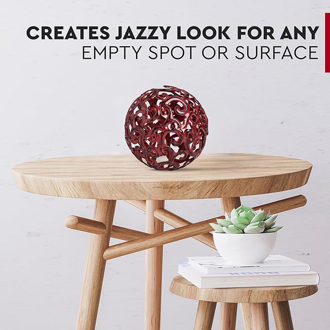 Everydecor Metal Decorative Sphere for Home Decor - Decorative Balls for Shelves, Centerpiece Bowls, Bookshelf - Decoration Orbs Accents for Living Room, Bedroom - Fancy Red Shelf Spheres