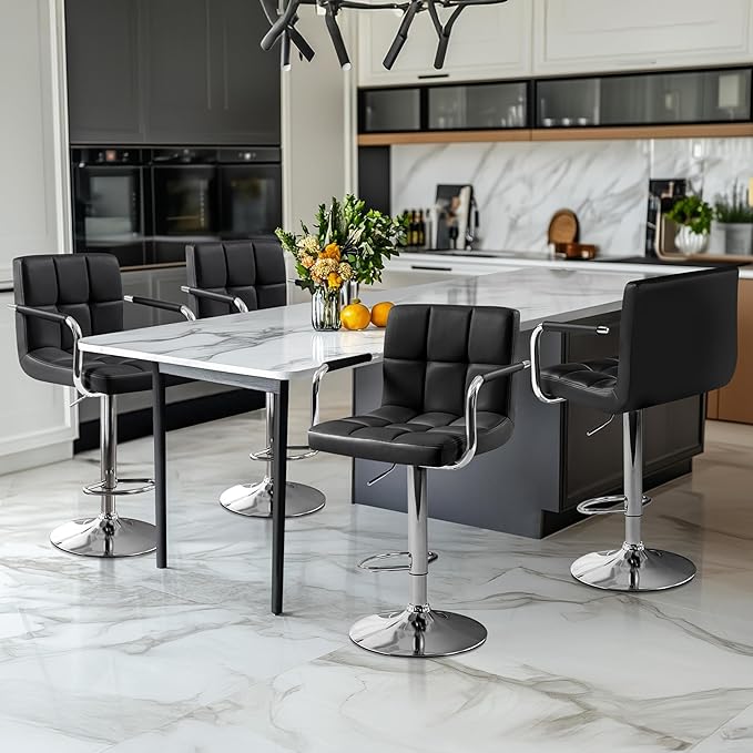 Yaheetech Bar Stools Set of 3, PU Leather Adjustable Barstools with Armrest, Counter Height Stool Chairs with Thickened Seat Cushion for Kitchen Island, Black