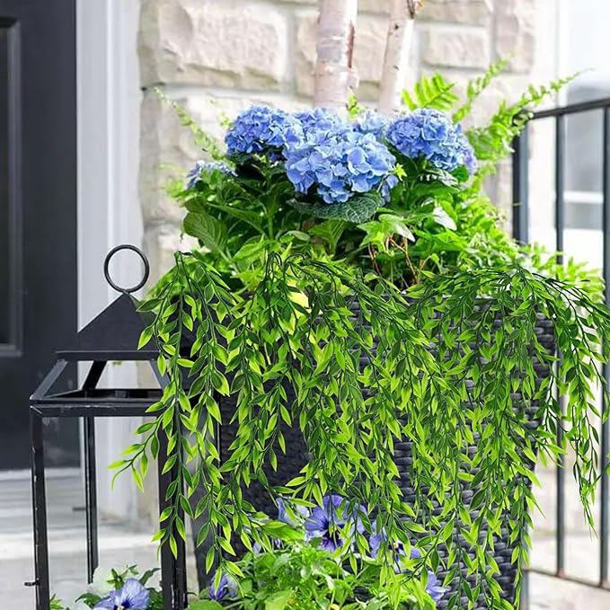 summer flower 8pack Fake Plants Weeping Willow Set Artificial Greenery Sterms Hanging Ivy Vine Plant Faux Garland Leaves UV Resistant for Outdoor Porch Party Garden Indoor Home Office Decoration