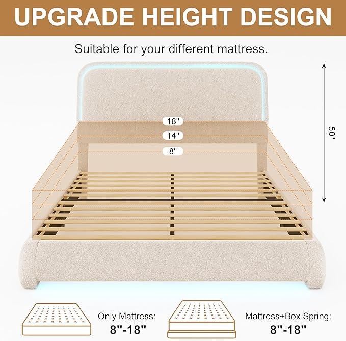 Queen Bed Frame, Teddy Fleece Curved Shaped Upholstered Bedframe with Thickened Rounded Corners, Modern Cloud Beds with Headboard Footboard LED Lights, No Box Spring Needed, Cream