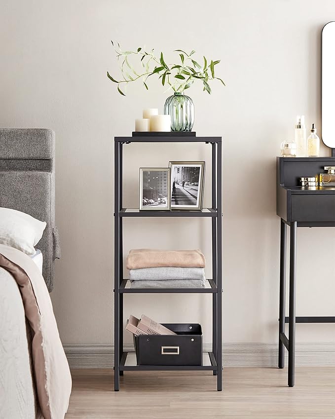 VASAGLE Bookcase, 4-Tier Bookshelf, Slim Shelving Unit for Bedroom, Bathroom, Home Office, Tempered Glass, Steel Frame, Ink Black ULGT028B61
