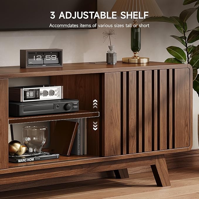 ONBRILL 63-Inch TV Stand for TVs up to 75 Inch, Mid-Century Modern Television Stand with Power Outlet, Entertainment Center with Sliding Grille Door Cabinets and Open Shelves for Living Room, Walnut
