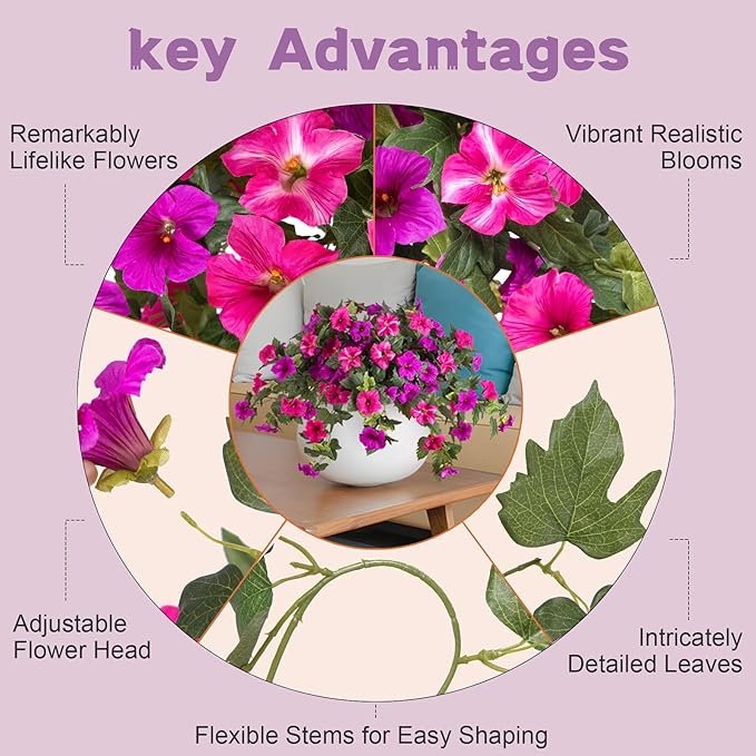 Artificial Faux Flowers Planter for Outdoor Decoration, 2PCS Fake Silk Petunias Flowers, No Fade UV Resistant Flower for Outside Garden Porch Yard Balcony Patio Realistic Indoor Decor(Fuchsia)