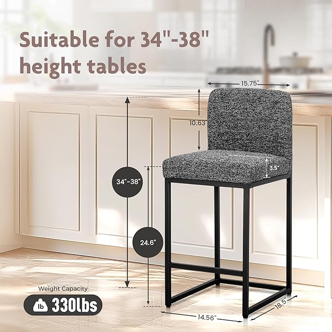 ALPHA HOME 24" Bar Stools Set of 2 Kitchen Counter Stools with Back, Counter Height Stools with Upholstered Footrest for Kitchen Island, Metal Steel Frame, Chenille, Black