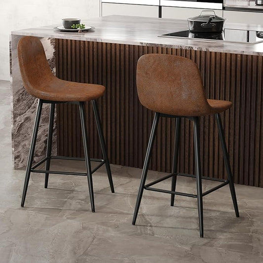 Modern Bar Stools Set of 2,Brown Techno-Fabric Counter Height Bar Stools,24.6" Bar Chairs with Back Metal Footrest,Modern Counter Stool with Back and Footrest for Kitchen Island Restaurants Pubs