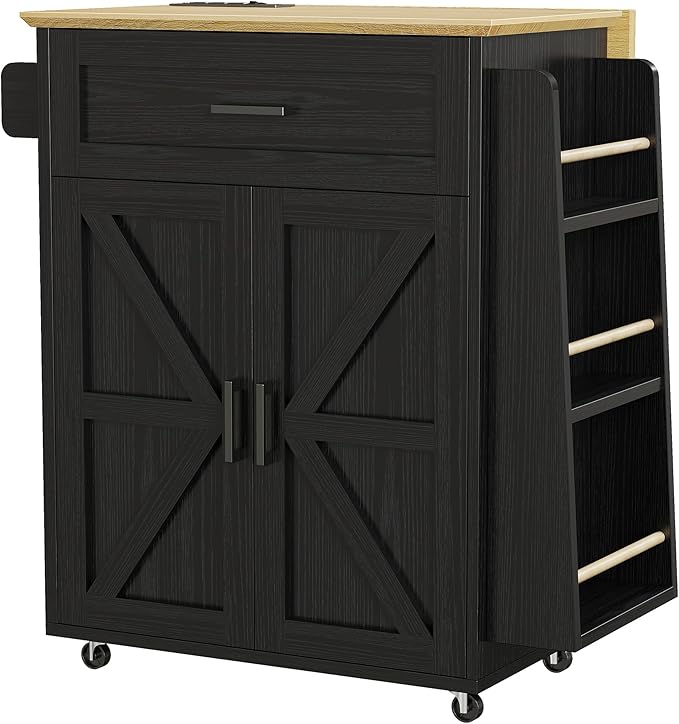IRONCK Kitchen Island Cart with Storage, Rolling Kitchen Table with Power Outlet, Storage Cabinets on Wheels with Drop Leaf, Portable for Dining Room, Black
