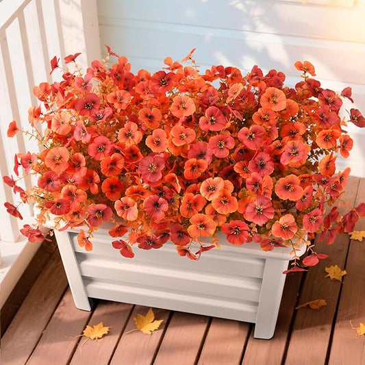 INQCMY Artificial Fall Flowers for Outdoor, 12 Bundles Faux Pansy Fake Mums Flowers Plants Outdoor Fall Decor, UV Resistant No Fade Silk Flower for Porch Planter Patio Yard Garden(Orange Autumn Red)