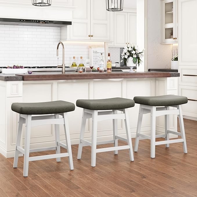 PHI VILLA Counter Height Bar Stools Set of 3,Farmhouse Barstools with Upholstered Saddle Seat, 24 inch Kitchen Counter Island Stools