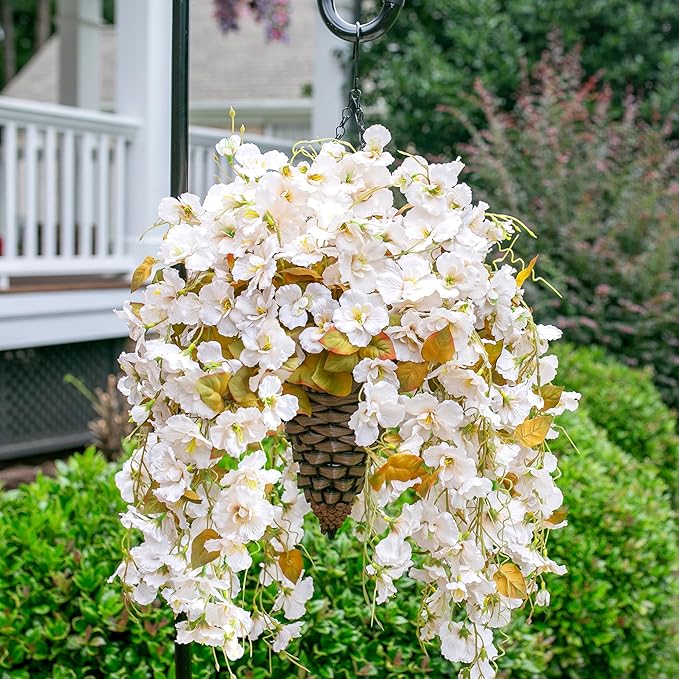 Artificial Fake Fall Hanging Flowers Plants Baskets for Outdoor Decoration, 5Pcs Faux Silk Hibiscus Long Vines in Planter UV Resistant Realistic Flower for Outside Home Porch Patio Garden, Fall White
