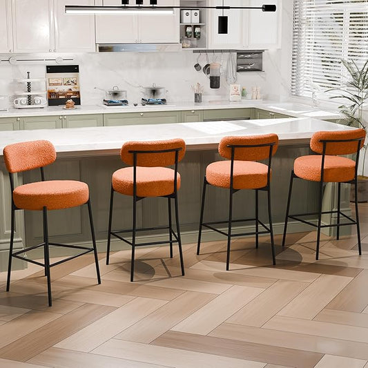 DYHOME Bar Stools Set of 4, Orange 28 Inches Counter Height Bar Stools,Modern Upholstered Boucle Barstools with Back, Modern Metal Tall BarStools for Kitchen Island, Bar Pub