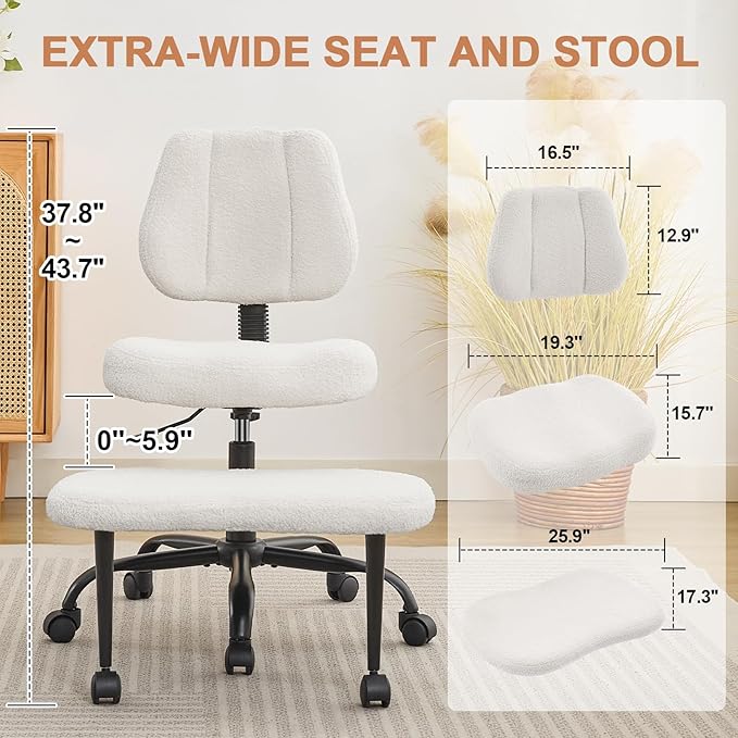 Criss Cross Legged Meditaion Chair,Exquisite Home Office Furniture,Ergonomic Kneeling with Lumbar Support and Adjustable Height Stool,for ADHD Adults,Teddy Fabric,White