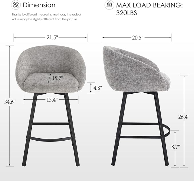 Zesthouse Swivel Counter Height Stools Set of 2, Modern Bar Stools for Kitchen Island, 26" Upholstered Kitchen Counter Height Barstools with Barrel Arms & Backs, Grey Linen Fabric Bar Chairs