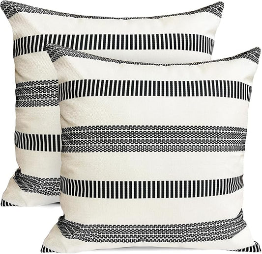 Decorative Throw Pillow Covers Set of 2 Black Boho Striped Pillow Covers 18x18 Inch Throw Pillow Cover Linen Pillowcase Farmhouse Outdoor Pillow Covers for Couch Sofa Bed Living Room