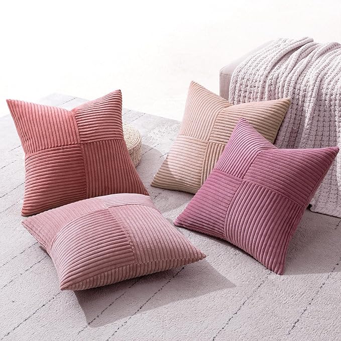 MIULEE Cute Pink Throw Pillow Covers 20x20 Inch Set of 4 Boho Farmhouse Cushion Cases Decorative Gradient Pillow Cases Corduroy Striped Home Decor for Couch Sofa Living Room Bed