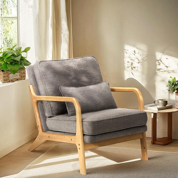 COLAMY Mid Century Modern Accent Chair with Lumbar Pillow, Relaxing Armchair with Solid Wood Frame & Soft Cushion, Reading Leisure Chair for Living Room,Bedroom,Waiting Room（Grey）