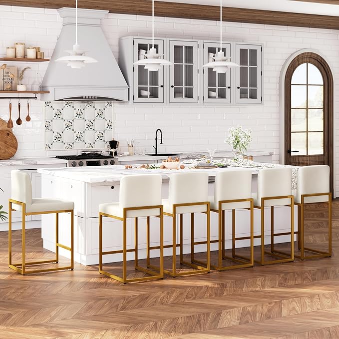 ALPHA HOME 24 Inch Bar Stools Set of 6, Kitchen Counter Stools with Backs, PU Leather Barstools, White Bar Stools with Upholstered Footrest, Sturdy Chromed Metal Steel Frame, White