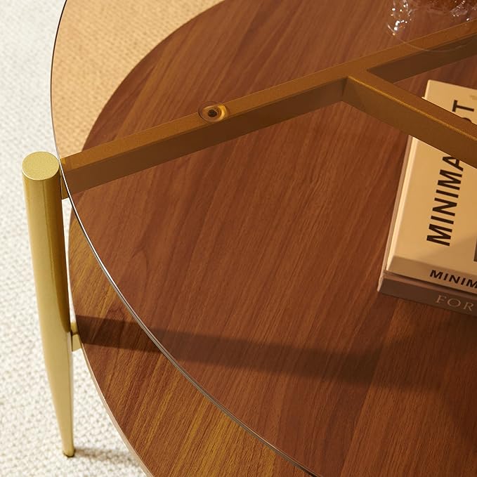 Round Coffee Table, Mid-Century Modern Design, D30*H17 inch, for Living Room, 2-Tier Structure, Amber Glass Top and Walnut Wood Shelf, Sleek Conical Metal Legs with Gold Finish