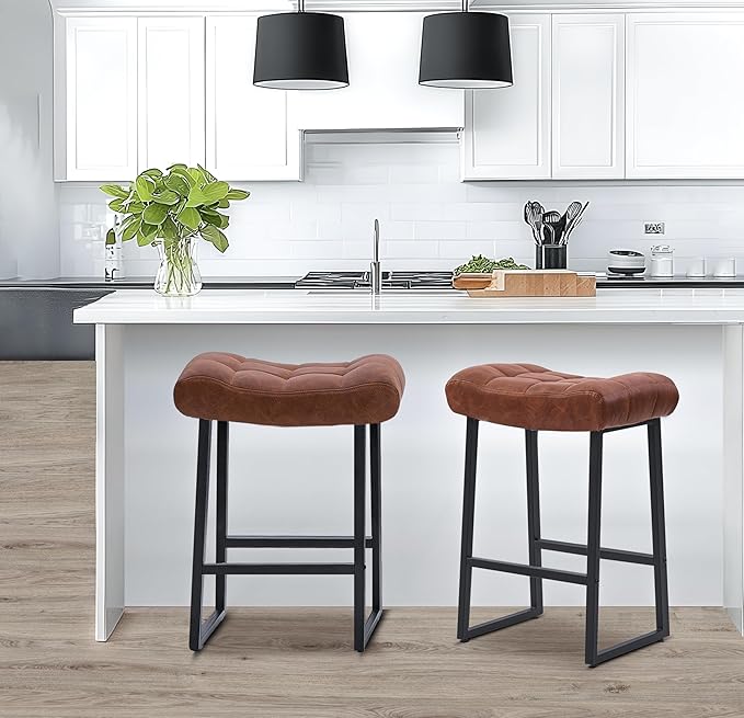 Modern Bar Stools Set of 4 for Kitchen Counter 24 inch Counter Height Backless Barstools with Upholstered Faux Leather Saddle Seat and Metal Frame Industrial Bar Chairs, Brown