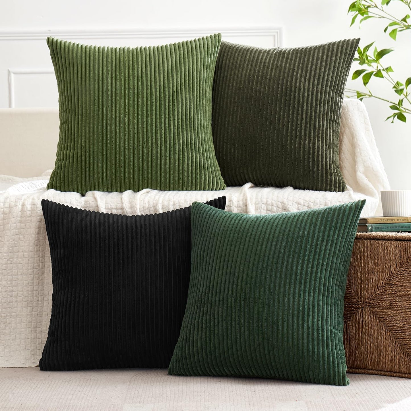 MIULEE Boho Farmhouse Throw Pillow Covers 18x18 Inch Set of 4 Mordern Neutral Green Cushion Covers Soft Corduroy Nordic Home Decor for Spring Couch Bed Sofa Living Room Green-Black