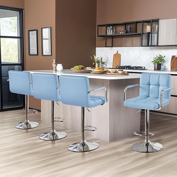 Yaheetech Bar Stools Set of 4, PU Leather Adjustable Swivel Barstools, Hydraulic Kitchen Counter Height Chairs with Armrest and Back for Kitchen, Dining Room, Blue