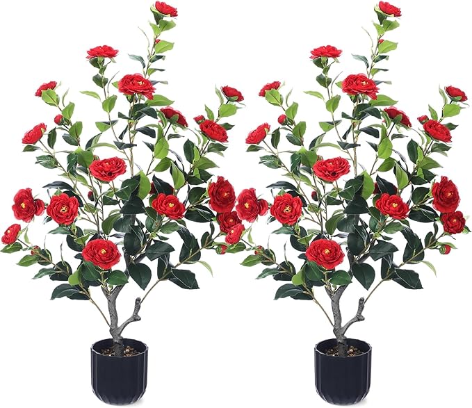 Jexine 2 Pack 36" Artificial Tree with Camellia, Fake Tree with 24 Blooming Flowers, Flower Plants Tree Faux Floral Plant Tree in Cement Pot for Indoor Outdoor Office Home Porch Decor (Red, 36")