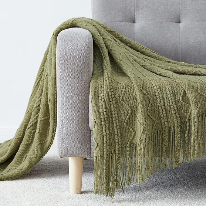 BOURINA Olive Throw Blanket 50x60 Inches Throw Textured Solid Soft Sofa Couch Decorative Knit Blanket
