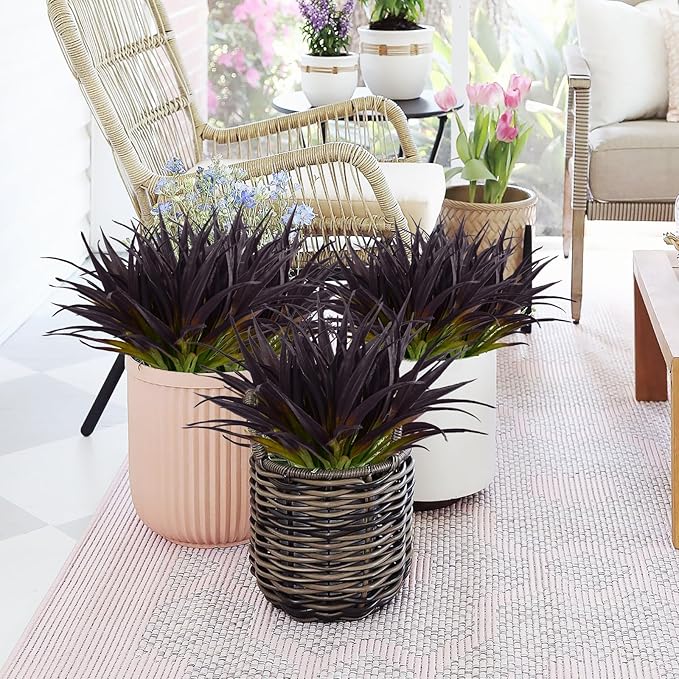 24Pcs Artificial Grass Plant Fake Outdoor Plastic Plants UV Resistant Faux Grasses Greenery Shrubs for Window Box Garden Patio Porch Home Decor Deep Purple